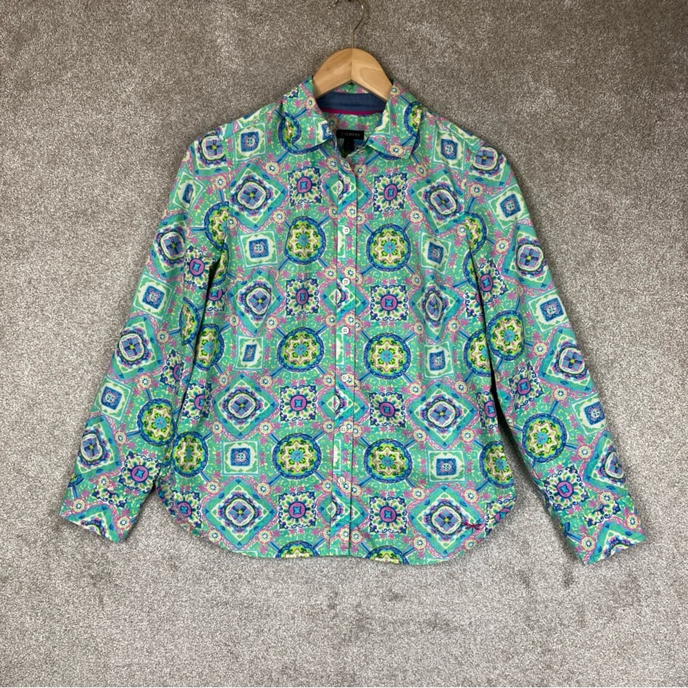 Talbots Shirt Womens Small Green Pink Cotton Long Sleeve Button Front- 2567*